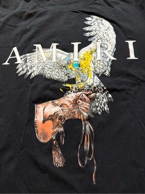 AMIRI Black Tee with Multicolor Bird and Brown Glove Graphic